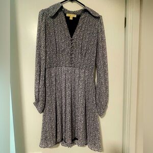 Michael Kors navy and white chiffon dress with box pleated skirt